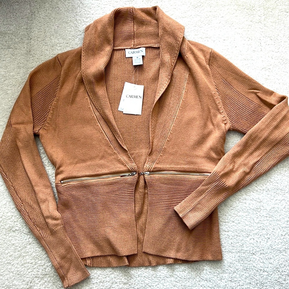 Carmen Marc Valvo brown Knit Long Sleeve Open Front Knit Cardigan…